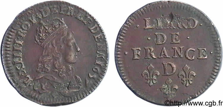 LOUIS XIV  THE SUN KING  Liard de cuivre, 2e type 1657 Vimy-en-Lyonnais (actuellement Neuville-sur-Saône) AU