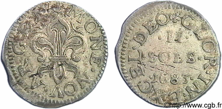 LOUIS XIV LE GRAND OU LE ROI SOLEIL 2 sols 1683 Strasbourg TTB