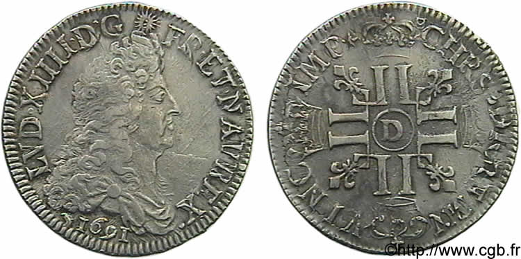 LOUIS XIV  THE SUN KING  Écu aux huit L, 1er type 1691 Lyon XF