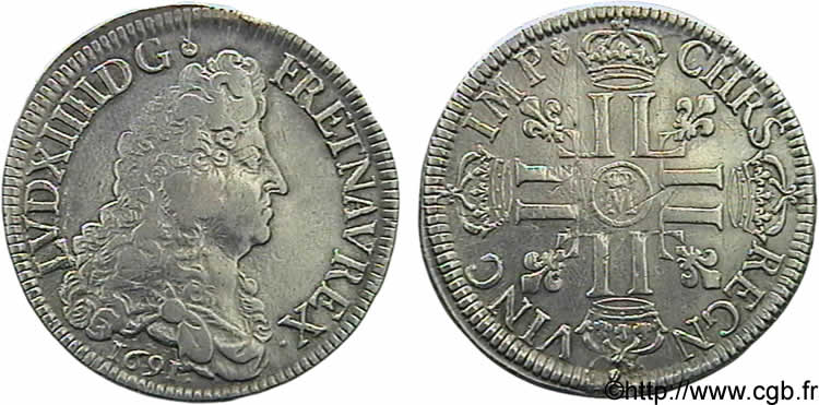 LOUIS XIV  THE SUN KING  Écu aux huit L, 1er type 1691 Metz XF