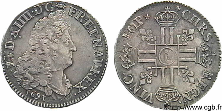 LOUIS XIV  THE SUN KING  Demi-écu aux huit L, 1er type, 1er buste 1691 Lille q.SPL