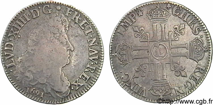 LOUIS XIV  THE SUN KING  Demi-écu aux huit L, 1er type, 1er buste 1691 Lille VF