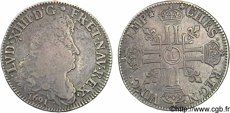 LOUIS XIV LE GRAND OU LE ROI SOLEIL Demi-écu aux huit L, 1er type, 1er buste 1691 Lille TB+
