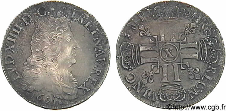 LOUIS XIV LE GRAND OU LE ROI SOLEIL Demi-écu aux huit L, portrait définitif 1691 Amiens TTB