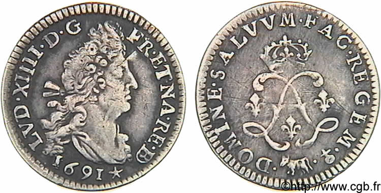 LOUIS XIV  THE SUN KING  Quadruple sol aux deux L du Béarn 1691 Pau XF