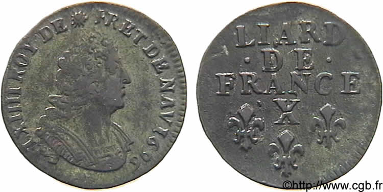 LOUIS XIV LE GRAND OU LE ROI SOLEIL Liard, 3e type, buste âgé 1696 Amiens SUP/TTB