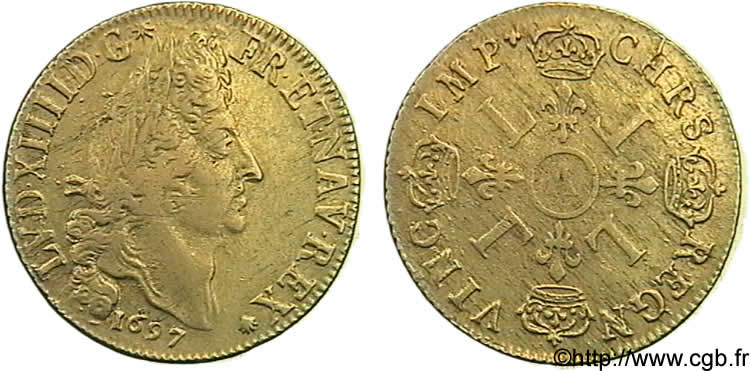 LOUIS XIV LE GRAND OU LE ROI SOLEIL Double louis d&nbsp;or aux quatre L 1697 Paris TTB/TTB+
