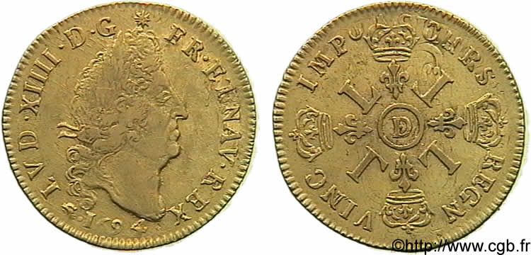 LOUIS XIV  THE SUN KING  Louis d or aux quatre L 1694 Lyon XF