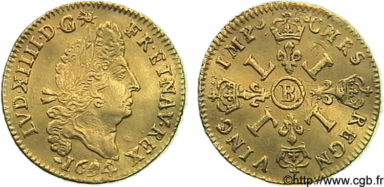 LOUIS XIV LE GRAND OU LE ROI SOLEIL Demi-louis d or aux quatre L 1694 Rouen TTB+