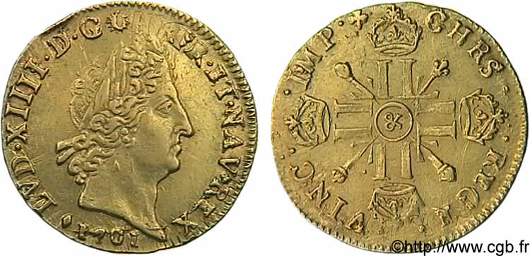 LOUIS XIV LE GRAND OU LE ROI SOLEIL Louis d’or aux huit L et aux insignes 1701 Aix-en-Provence TTB+