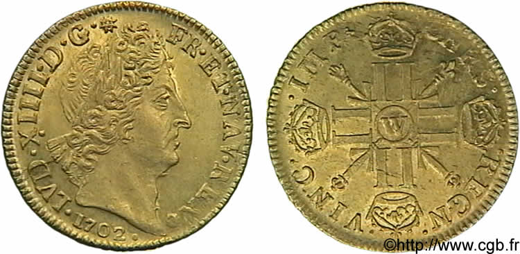 LOUIS XIV  THE SUN KING  Louis d’or aux huit L et aux insignes 1702 Lille fST