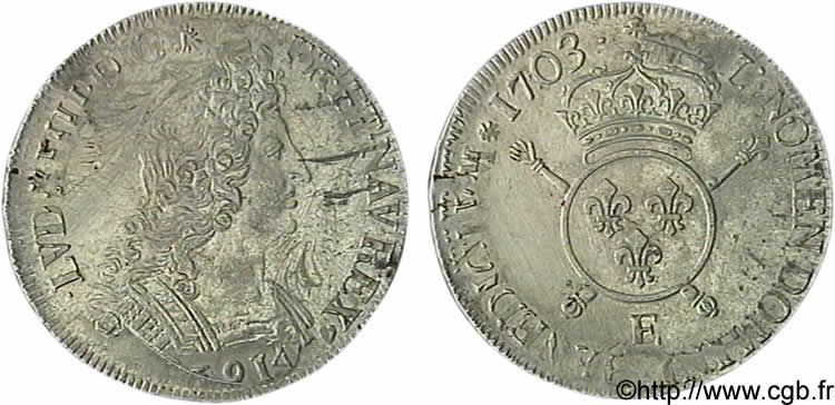 LOUIS XIV  THE SUN KING  Écu aux insignes 1703 Tours VZ