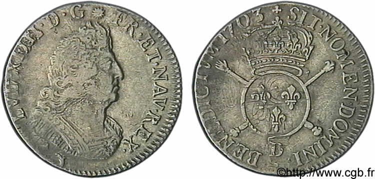 LOUIS XIV LE GRAND OU LE ROI SOLEIL Quart d&nbsp;écu aux insignes 1703 Lyon TTB