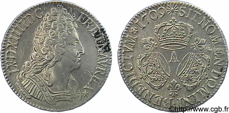 LOUIS XIV LE GRAND OU LE ROI SOLEIL Écu aux trois couronnes 1709 Paris TTB/TTB+