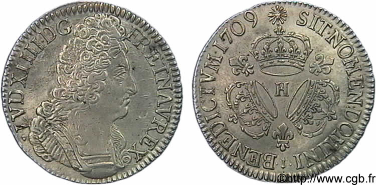 LOUIS XIV  THE SUN KING  Écu aux trois couronnes 1709 La Rochelle AU/MS