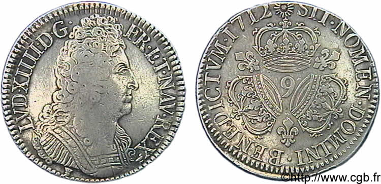 LOUIS XIV &nbsp;THE SUN KING&nbsp; Écu aux trois couronnes 1712 Rennes VF/XF