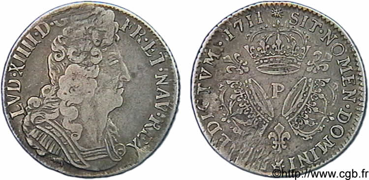 LOUIS XIV  THE SUN KING  Quart d écu aux trois couronnes 1711 Dijon VF