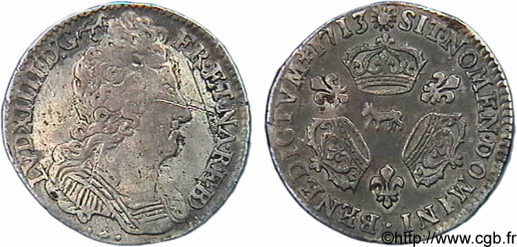 LOUIS XIV LE GRAND OU LE ROI SOLEIL Dixième d&nbsp;écu aux trois couronnes 1713 Pau TB+/TTB