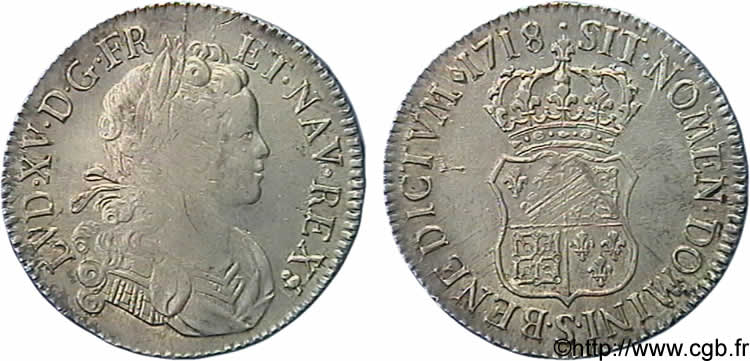 LOUIS XV  THE WELL-BELOVED  Écu de Navarre 1718 Reims BB/q.SPL
