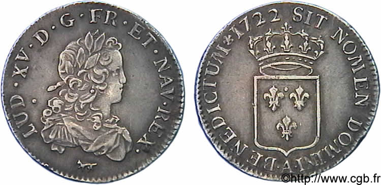 LOUIS XV  THE WELL-BELOVED  Tiers d écu de France 1722 Paris MBC