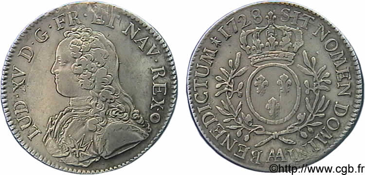 LOUIS XV &nbsp;THE WELL-BELOVED&nbsp; Écu aux branches d&nbsp;olivier, buste habillé 1728 Metz SS