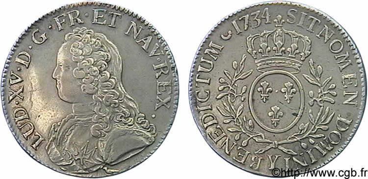 LOUIS XV  THE WELL-BELOVED  Écu aux branches d olivier, buste habillé 1734 Bourges AU/AU