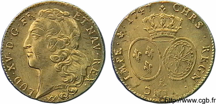 LOUIS XV  THE WELL-BELOVED  Double louis d’or aux écus ovales, tête ceinte d’un bandeau 1747 Bordeaux SS