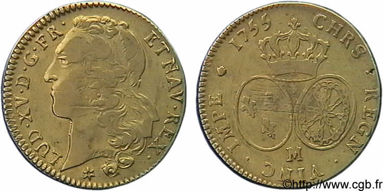 LOUIS XV  THE WELL-BELOVED  Double louis d’or aux écus ovales, tête ceinte d’un bandeau 1755 Toulouse VF
