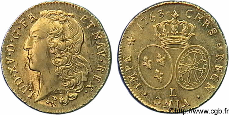 LOUIS XV  THE WELL-BELOVED  Double louis d’or aux écus ovales, tête ceinte d’un bandeau 1763 Bayonne SC