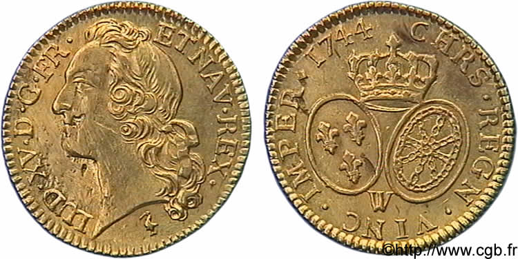 LOUIS XV THE BELOVED Louis d’or aux écus ovales, tête ceinte d’un bandeau 1744 Lille AU