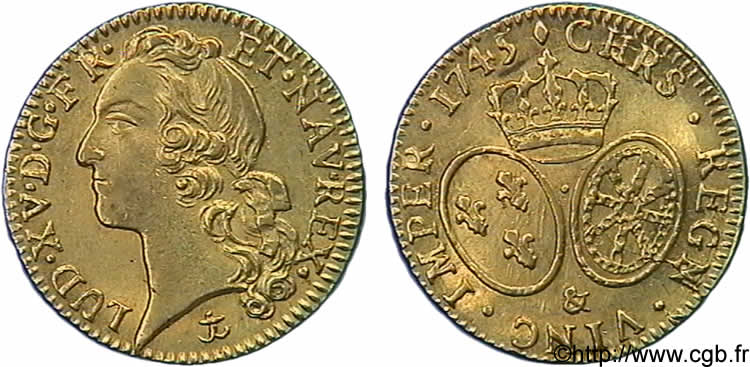 LOUIS XV  THE WELL-BELOVED  Louis d’or aux écus ovales, tête ceinte d’un bandeau 1745 Aix-en-Provence VZ