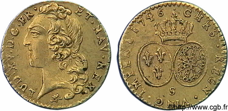 LOUIS XV  THE WELL-BELOVED  Demi-louis d’or aux écus ovales, tête ceinte d’un bandeau 1746 Reims XF