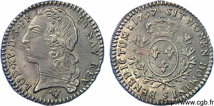LOUIS XV  THE WELL-BELOVED  Dixième d écu aux branches d’olivier, tête ceinte d’un bandeau 1767 Reims MS