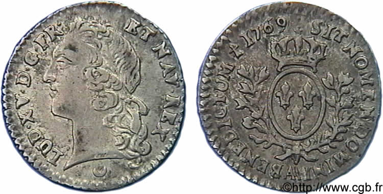LOUIS XV  THE WELL-BELOVED  Vingtième d écu aux branches d’olivier, tête ceinte d’un bandeau 1769  Metz AU