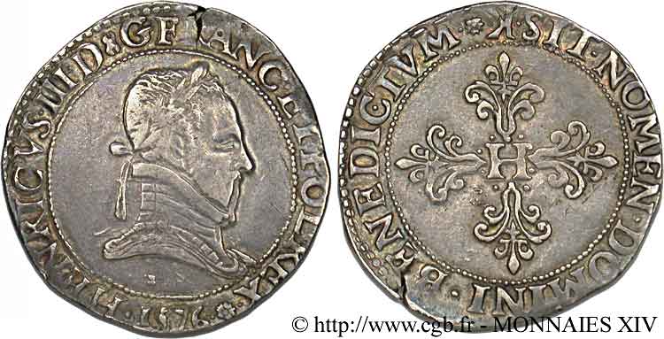 HENRY III Franc au col plat 1576 Bordeaux VF/XF