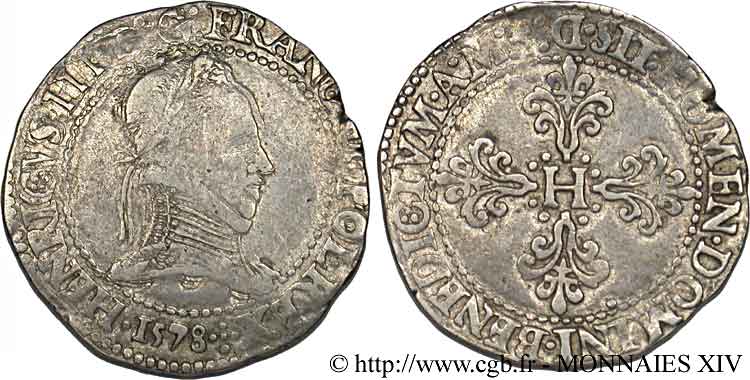 HENRY III Franc au col plat 1578 Lyon VF/VF