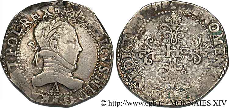 HENRY III Franc au col plat 1578 Paris XF/VF