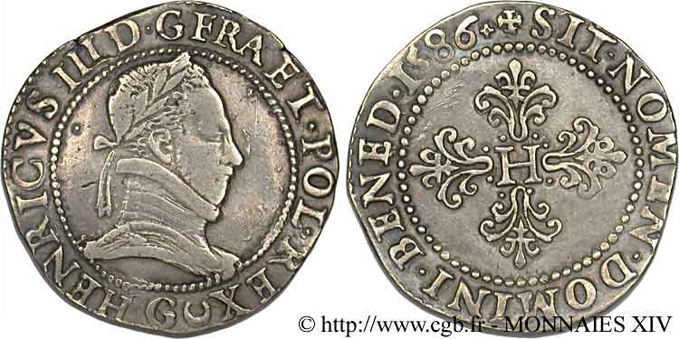 LA LIGUE. MONNAYAGE AU NOM D HENRI III Franc au col plat 1586 (1591-1592) Poitiers TTB