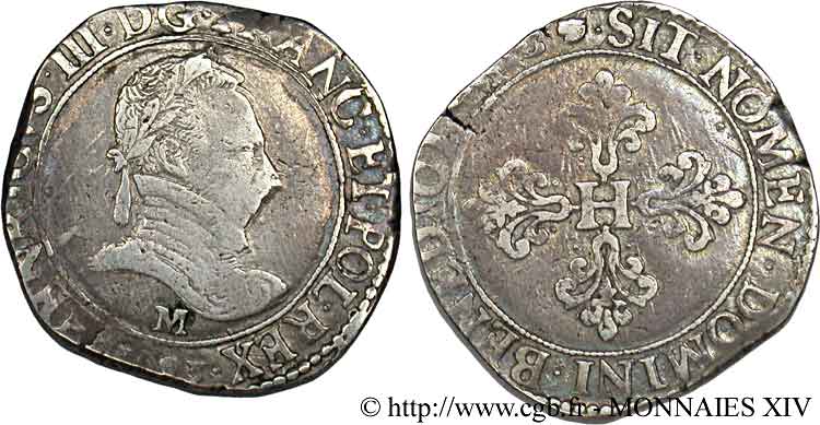 THE LEAGUE. COINAGE IN THE NAME OF HENRY III Franc au col plat 1593 Toulouse VF