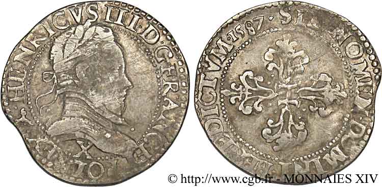 HENRY III Demi-franc au col plat 1587 Amiens VF