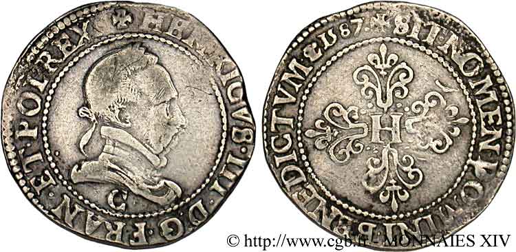 HENRI III Demi-franc au col plat 1587 Saint-Lô TB+/TTB