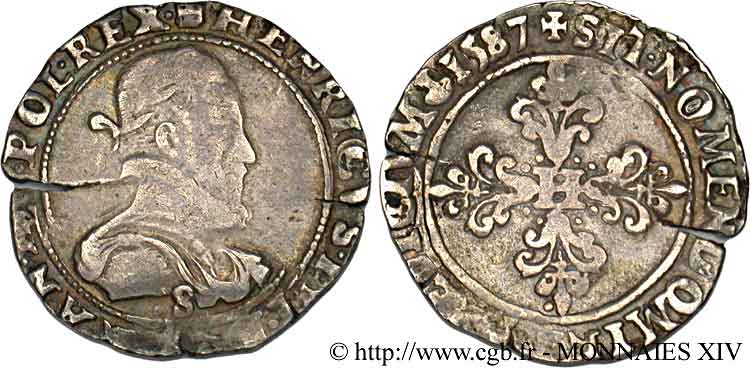 HENRI III Demi-franc au col plat 1587 Troyes TB