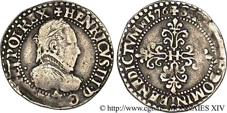 HENRI III Quart de franc au col gaufré 1576 Paris TB+