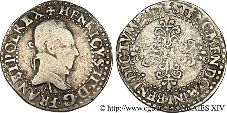 HENRY III Quart de franc au col plat 1577 Paris VF