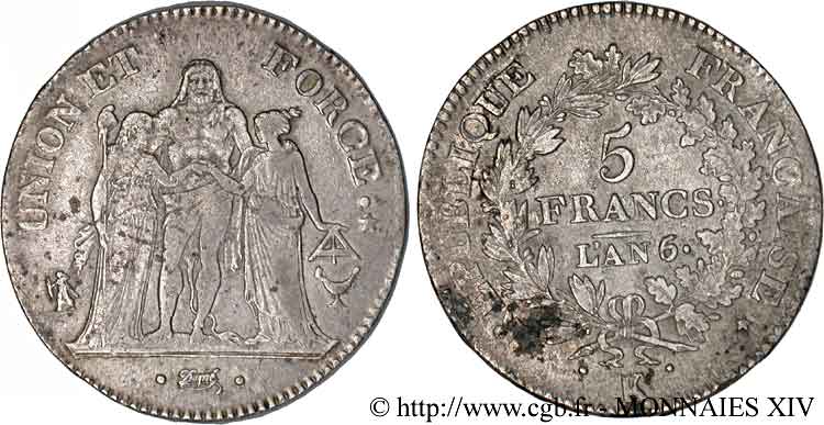 5 francs Union et Force, Union serré, seulement gland extérieur 1798 Bordeaux F.288/61 MBC 