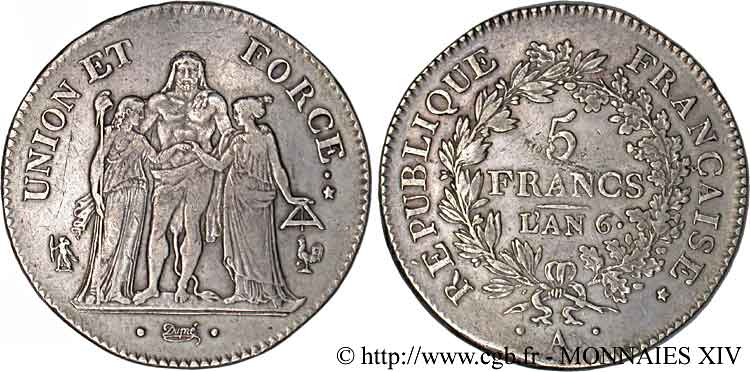 5 francs Union et Force, Union serré, avec glands intérieurs et gland extérieur 1798 Paris F.288/35 XF 