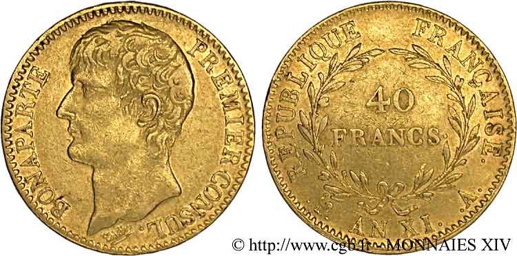 40 francs or Bonaparte premier Consul 1803 Paris F.536/1 MBC 