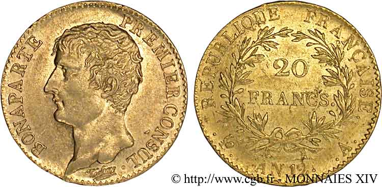 20 francs or Bonaparte Premier consul 1804 Paris F.510/2 AU 