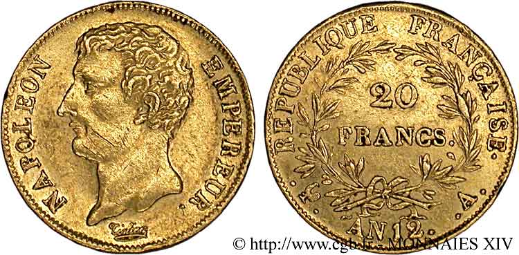 20 francs or, Napoléon empereur buste intermédiaire 1804 Paris F.511/1 XF 