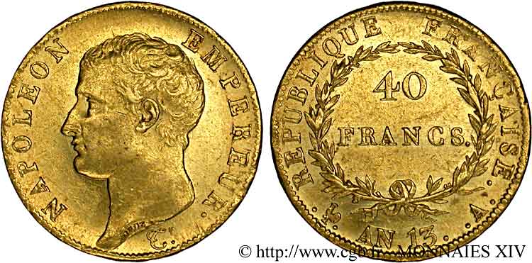 40 francs or Napoléon tête nue, Calendrier révolutionnaire 1805 Paris F.537/1 VZ 